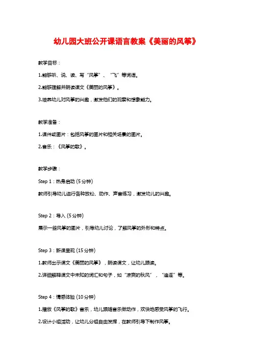 幼儿园大班公开课语言教案《美丽的风筝》