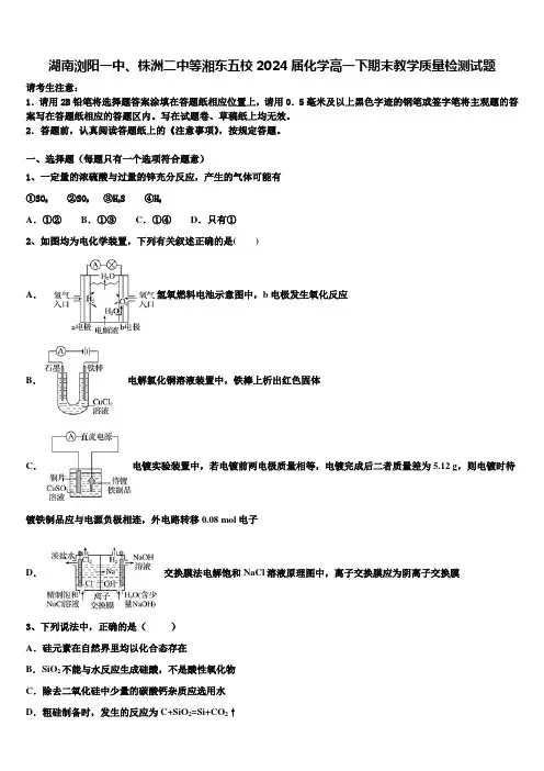 湖南浏阳一中、株洲二中等湘东五校2024届化学高一下期末教学质量检测试题含解析