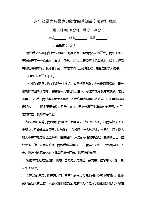 六年级语文小升初写景类记叙文阅读训练专项达标检测(4篇 含答案)