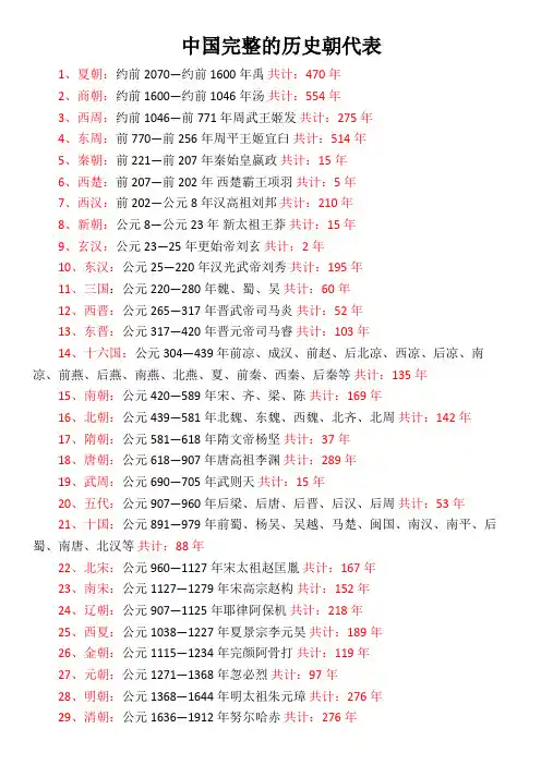 中国完整的历史朝代表