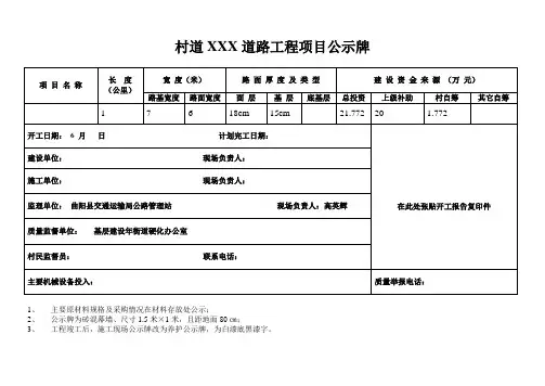 村道XXX道路工程项目公示牌