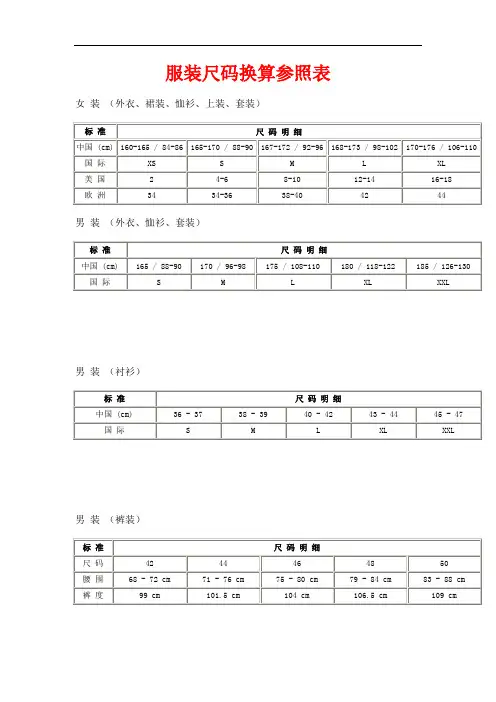 服装尺码换算参照表