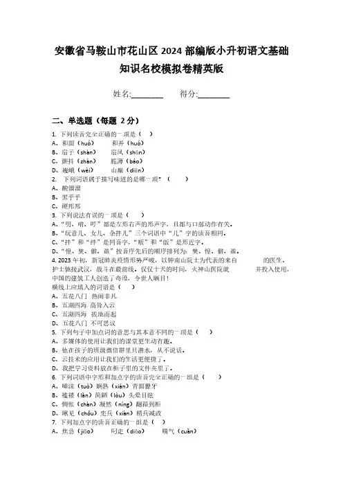 安徽省马鞍山市花山区2024部编版小升初语文基础知识名校模拟卷精英版