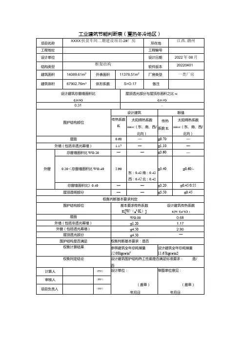 工业建筑节能判断表(夏热冬冷地区)