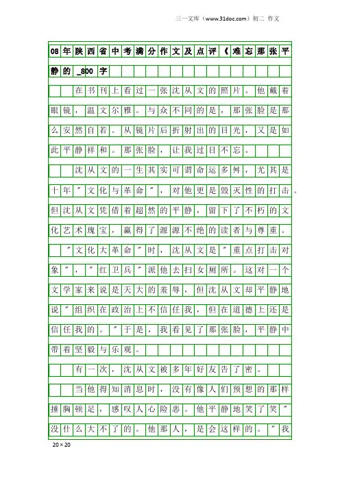 初二作文：08年陕西省中考满分作文及点评《难忘那张平静的_800字
