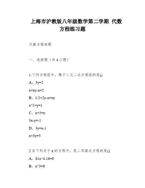 上海市沪教版八年级数学第二学期 代数方程练习题