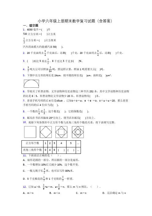 小学六年级上册期末数学复习试题(含答案)