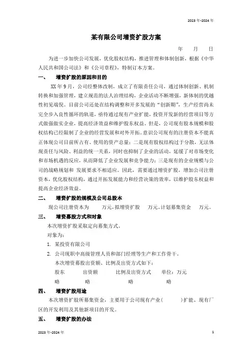某有限公司增资扩股方案