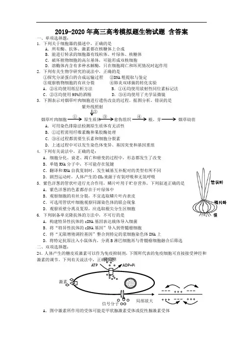 2019-2020年高三高考模拟题生物试题 含答案