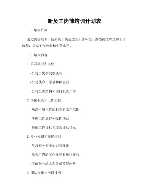 新员工岗前培训计划表