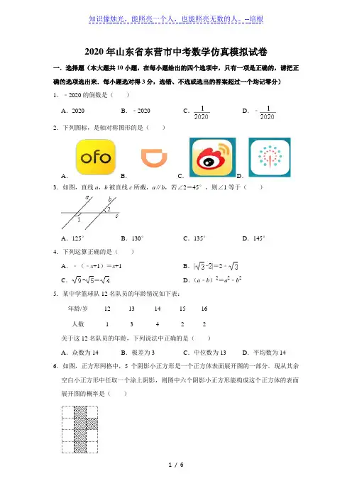 2020年山东省东营市中考数学仿真模拟试卷  考试卷