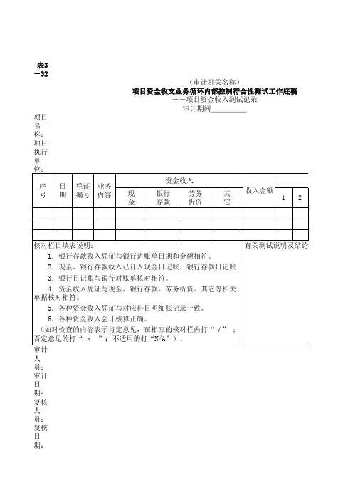 项目资金收支业务循环内部控制符合性测试-项目资金收入测试记录