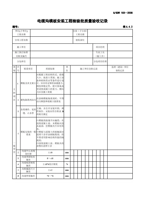 6.4.2 电缆沟模板安装工程检验批质量验收记录
