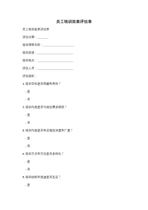 员工培训效果评估表
