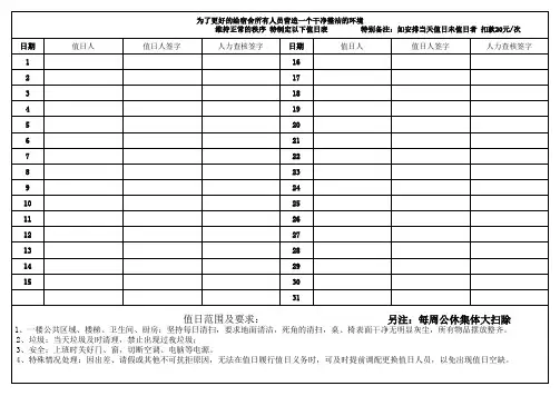 员工宿舍值日表