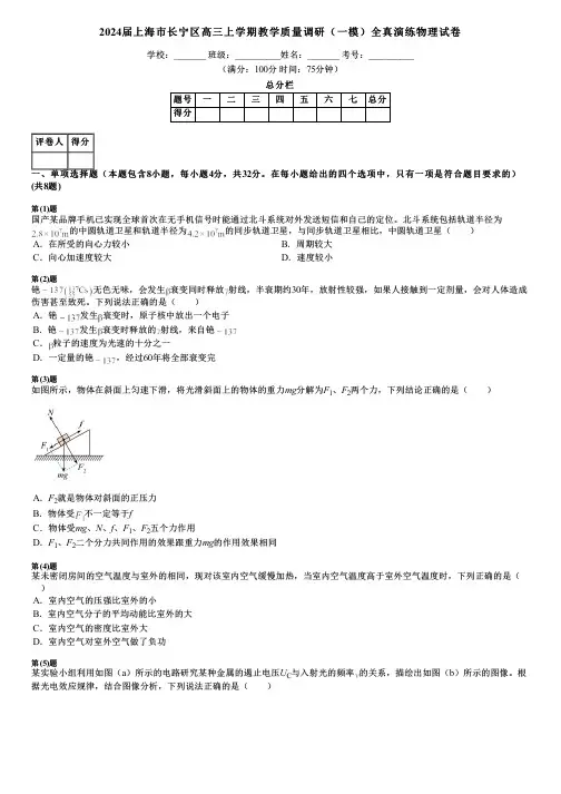 2024届上海市长宁区高三上学期教学质量调研(一模)全真演练物理试卷