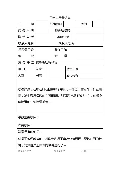 工伤人员登记表