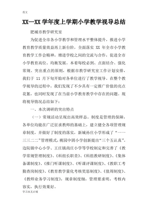 【范文】XX—XX学年度上学期小学教学视导总结