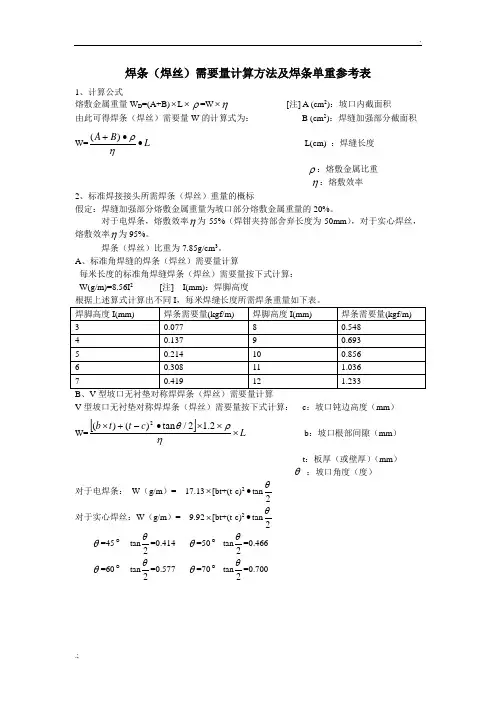 焊条(焊丝)需要量计算方法及焊条单重参考表