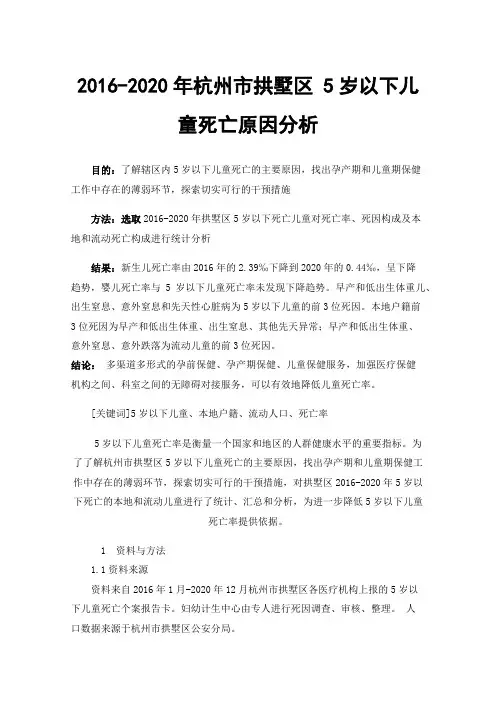 2016-2020年杭州市拱墅区5岁以下儿童死亡原因分析