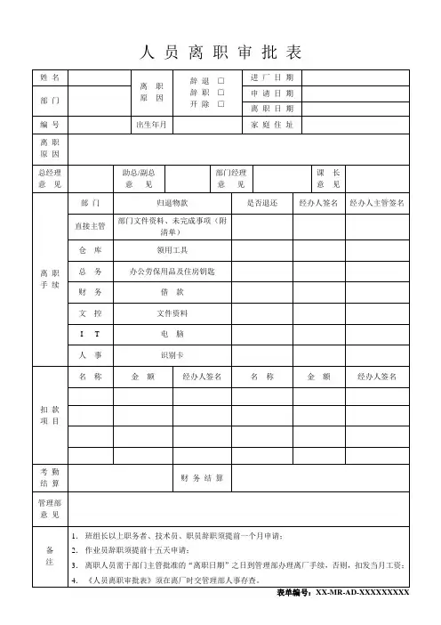 人员离职审批表