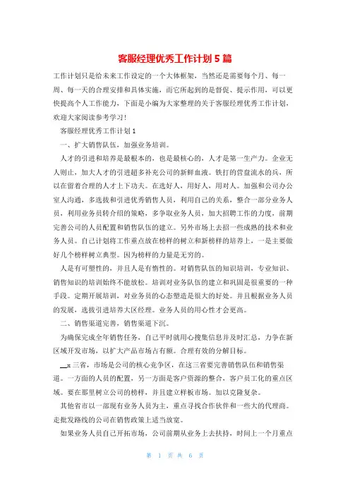 客服经理优秀工作计划5篇