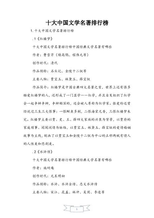 十大中国文学名著排行榜