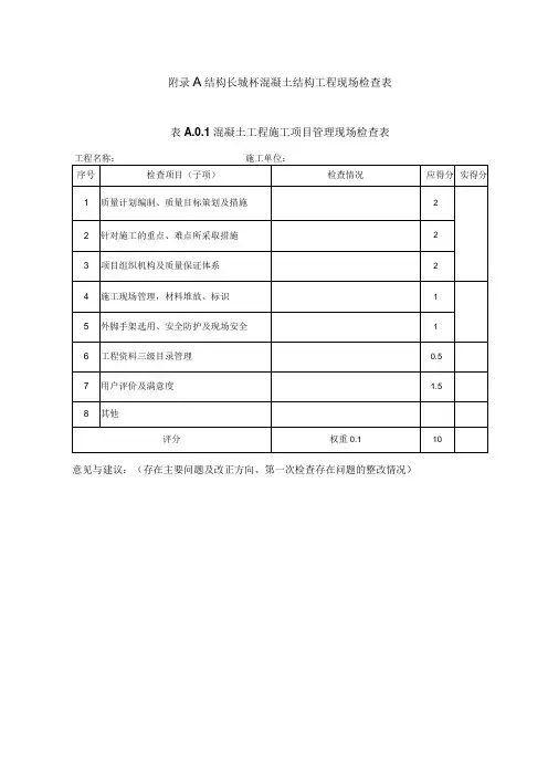 结构长城杯混凝土、装配式、钢结构工程现场检查表、施工质量的评价表、综合评价表
