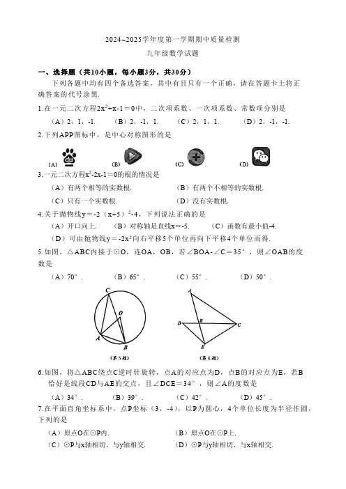 2024-2025学年上学期期中质量检测九年级数学试卷