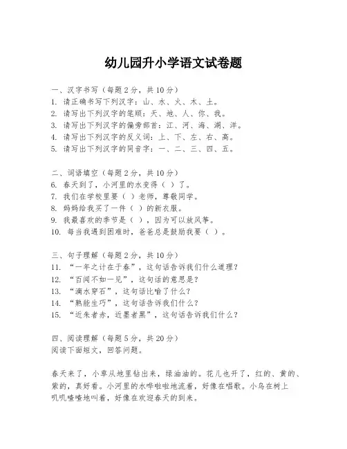 幼儿园升小学语文试卷题
