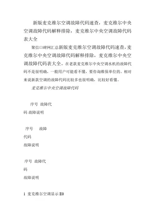 新版麦克维尔空调故障代码速查-麦克维尔中央空调故障代码解释排除-麦克维尔中央空调故障代码表大全