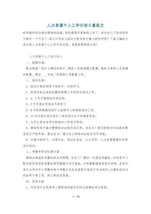 人力资源个人工作计划5篇范文