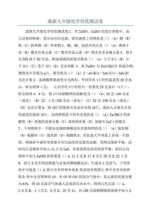 最新九年级化学培优测试卷