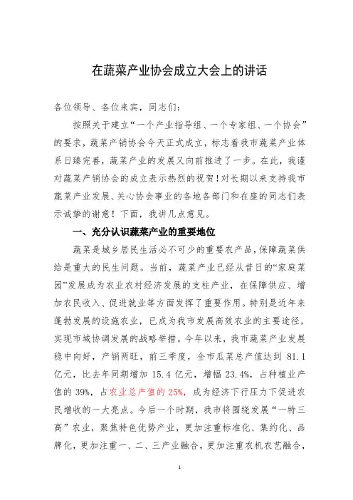 在蔬菜产业协会成立大会上的讲话