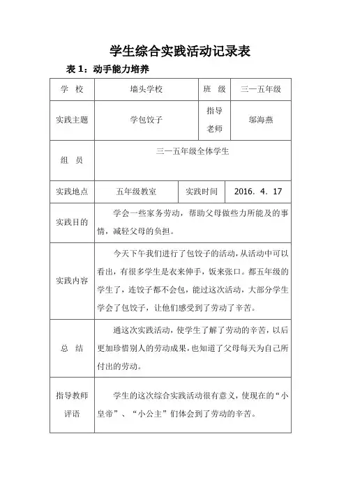 学生综合实践活动记录表