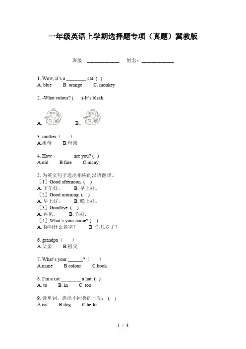 一年级英语上学期选择题专项(真题)冀教版