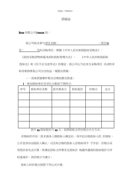 质疑函(质疑低价)