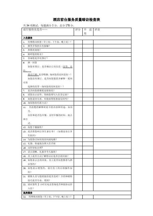 酒店前台服务质量暗访检查表(标准范本)