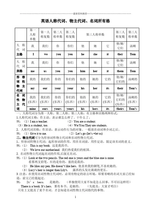 英语人称代词_物主代词_名词所有格精编版