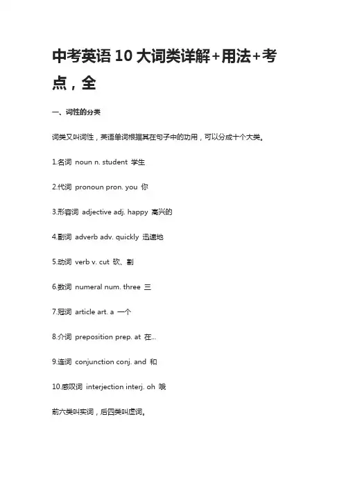中考英语10大词类详解+用法+考点,全