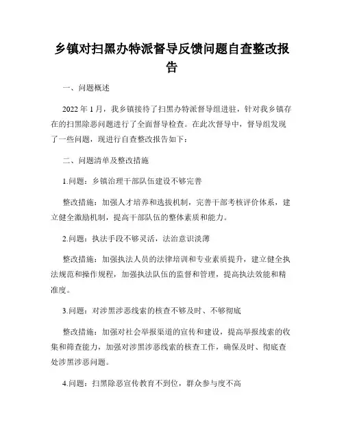 乡镇对扫黑办特派督导反馈问题自查整改报告