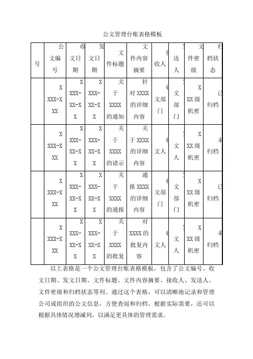 公文管理台账表格模板
