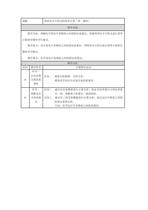 利用化学方程式的简单计算_教学设计_第一课时