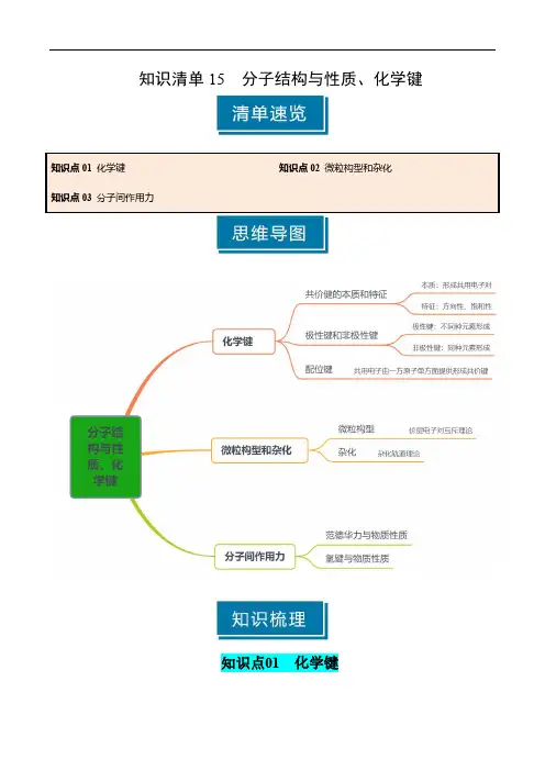 知识清单15 分子结构与性质、化学键(教师版) 2025年高考化学一轮复习知识清单