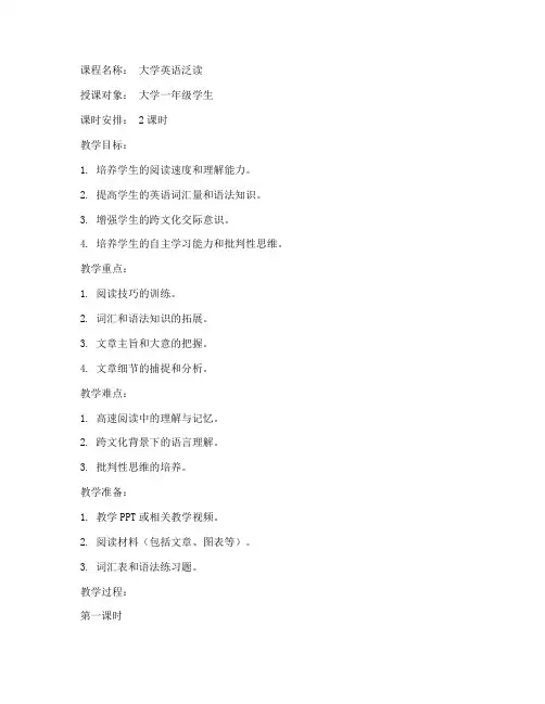 大学泛读课程英语教案模板