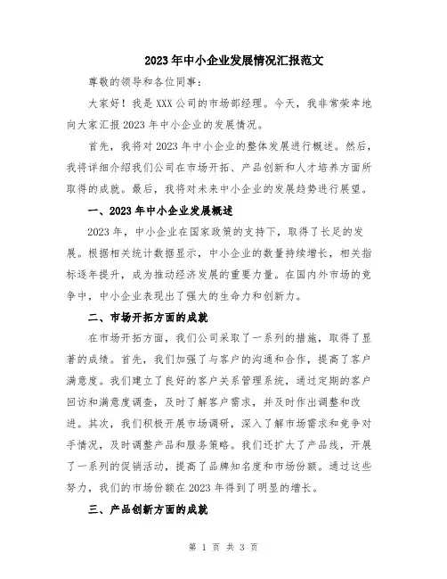 2023年中小企业发展情况汇报范文