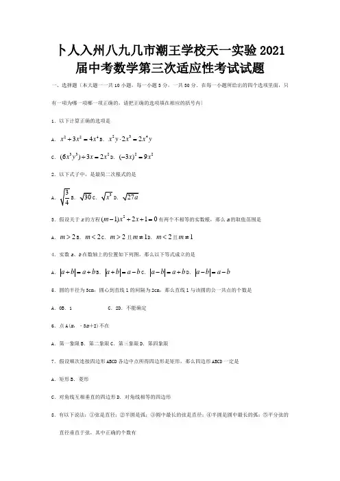中考数学第三次适应性考试试题