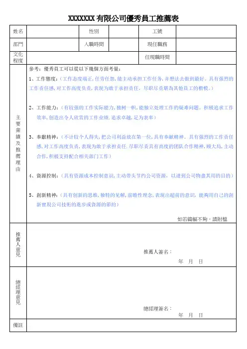 (完整word版)公司优秀员工推荐表