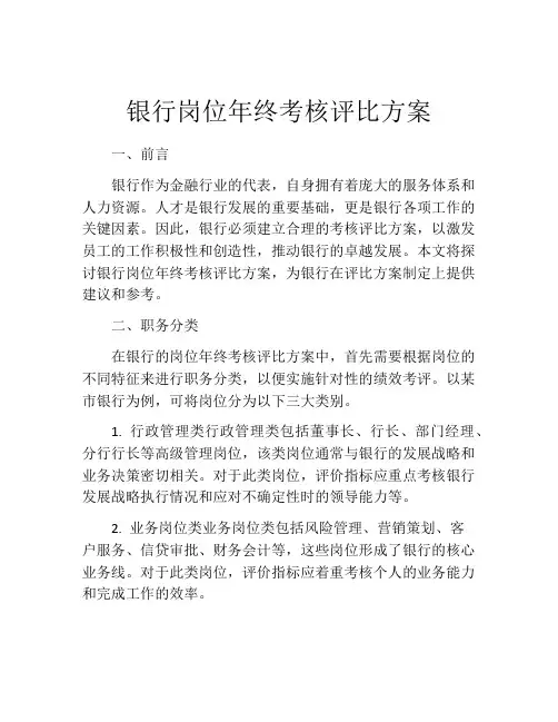 银行岗位年终考核评比方案