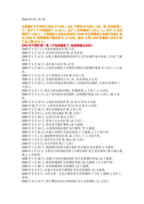 完整word版,中国2005年到2010年矿难一览表